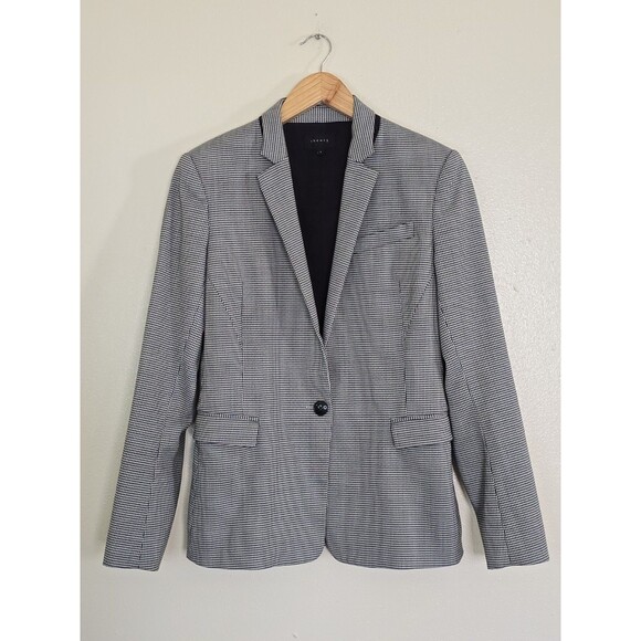 Theory Houndstooth Shrunken Blazer Womens Size 4 Office Work Career Black White - Picture 1 of 10
